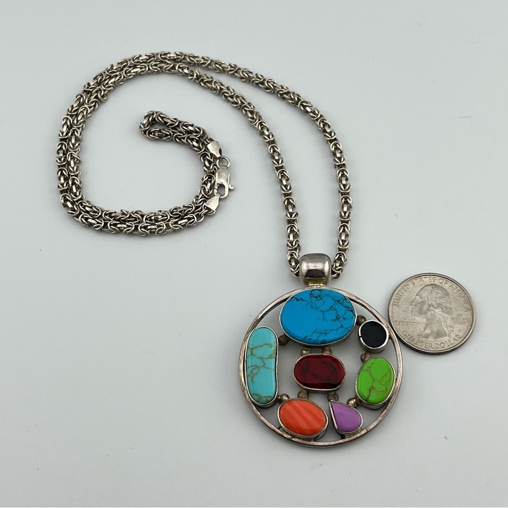 Southwest Inlay Multi Stone 925 Pendant 29g Necklace 925 Chain 20g Heavy 22”